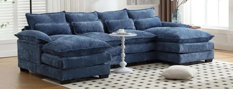 Sofa Cream Chenille Channel Tufting Low Profile Curved Edges