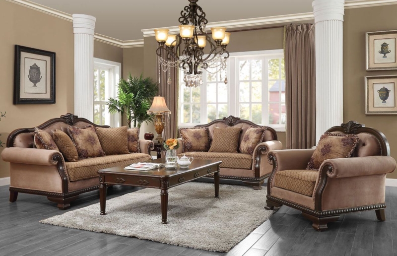 Sofa Cream Chenille Ornate Wood Trim Rolled Arms formal style