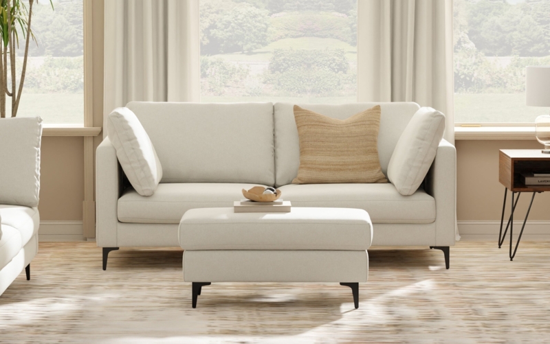 Sofa Cream Mid Century Modern Button Tufted Tapered Legs Ottoman Set