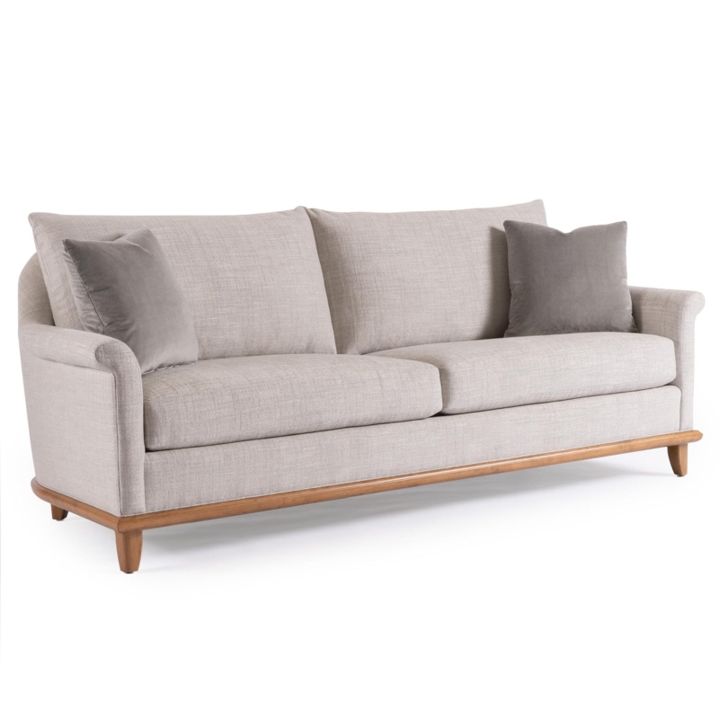 Sofa Cream Multi Pillow Back Dark Wood Plinth Base Transitional Style