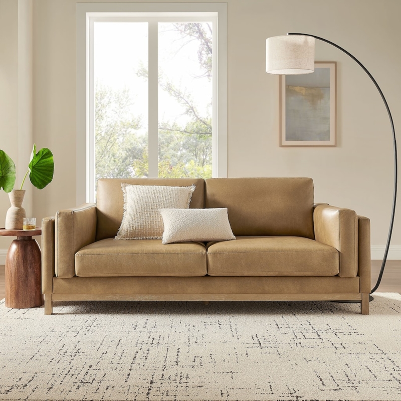 Sofa Cream Upholstered Fabric Track Arms Tapered Wood Legs Modern