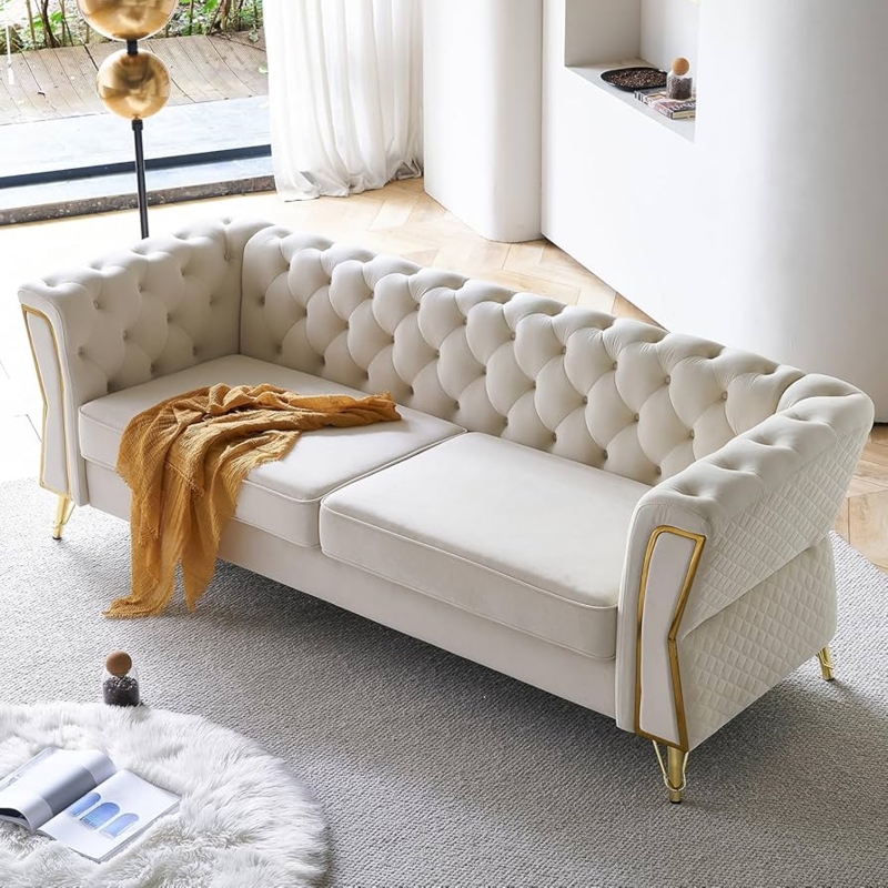 Sofa Cream Velvet Texture Extra Deep Seats Cylindrical Bolsters