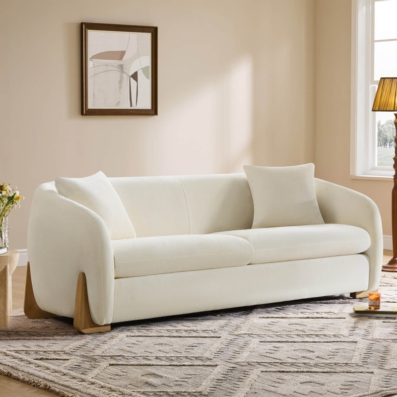 Sofa Curved Back Cream Chenille Tapered Legs Wood Toned Minimalist