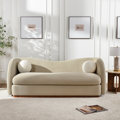 Sofa Curved Boucle Texture with Wood Plinth Base
