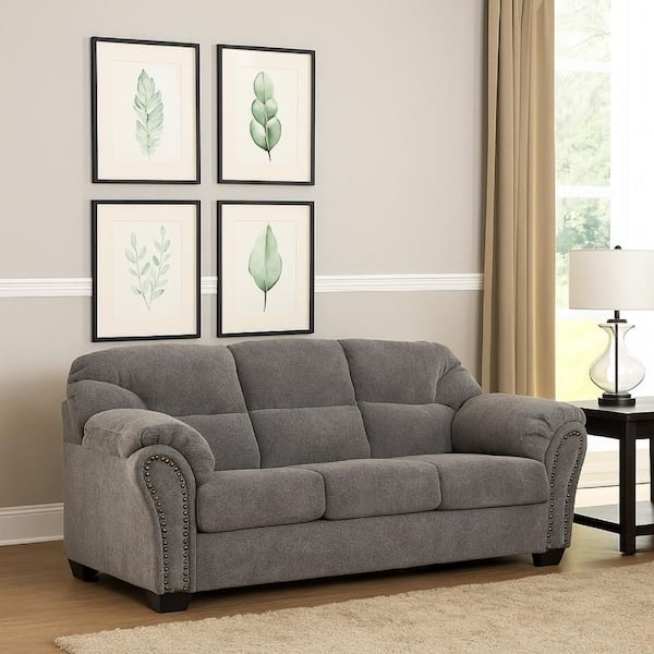 Sofa Dark Gray Polyester Black Nailhead Trim Flared Pillow Top Arms
