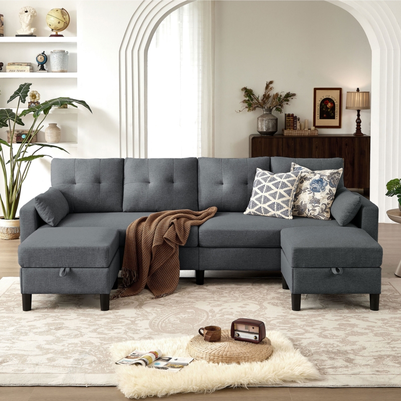 Sofa, Dark Grey Track Arms with Boxy Silhouette, Low Profile Couch