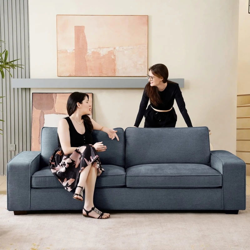 Sofa Deep Blue Upholstery Wood Base Frame Square Arms