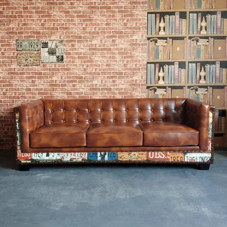 Sofa Diamond Tufting Weathered Brown, Splayed Metal Legs Loft Style