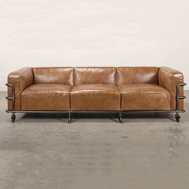 Sofa Distressed Brown Leather Metal Casters Tufting Nailhead Trim