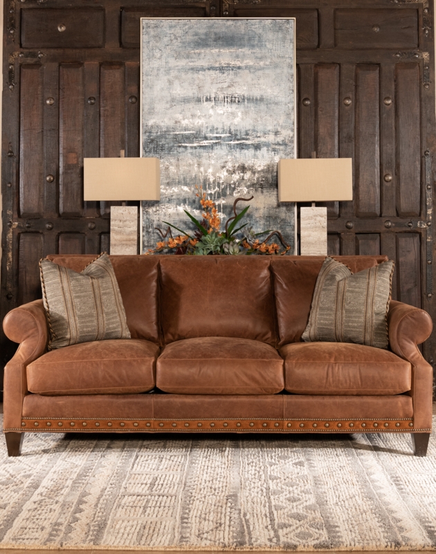 Sofa Distressed Leather, Nailhead Trim, Rolled Arms, Rustic Style