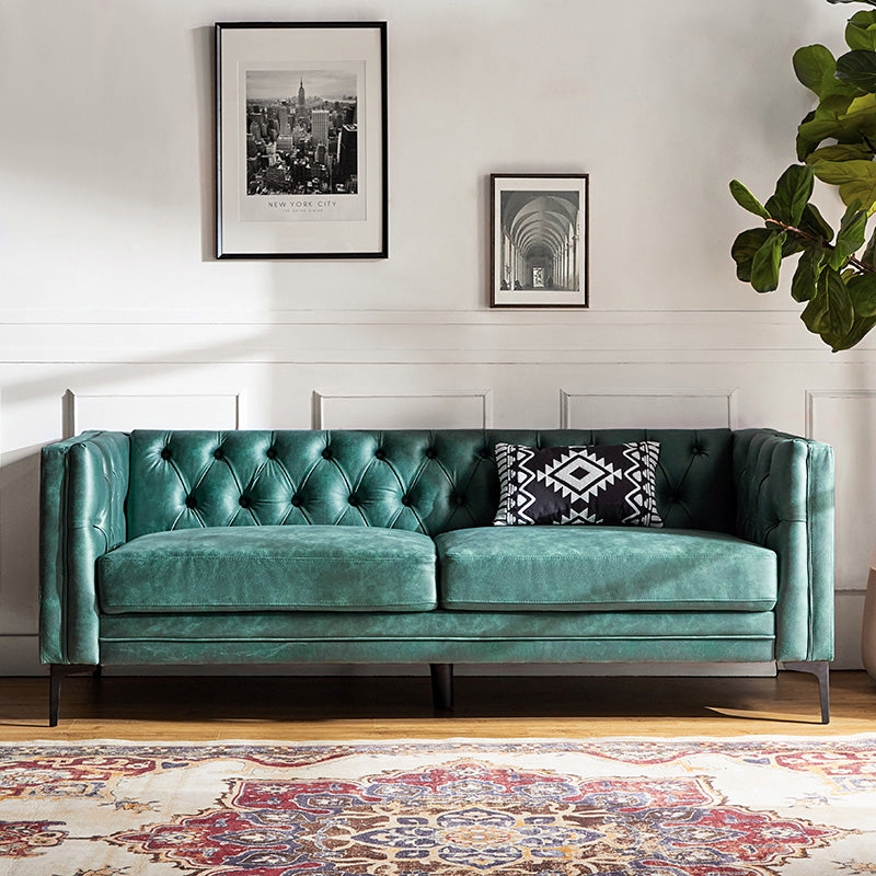 Sofa Emerald Green Diamond Tufting Tapered Legs Mid-Century Glam