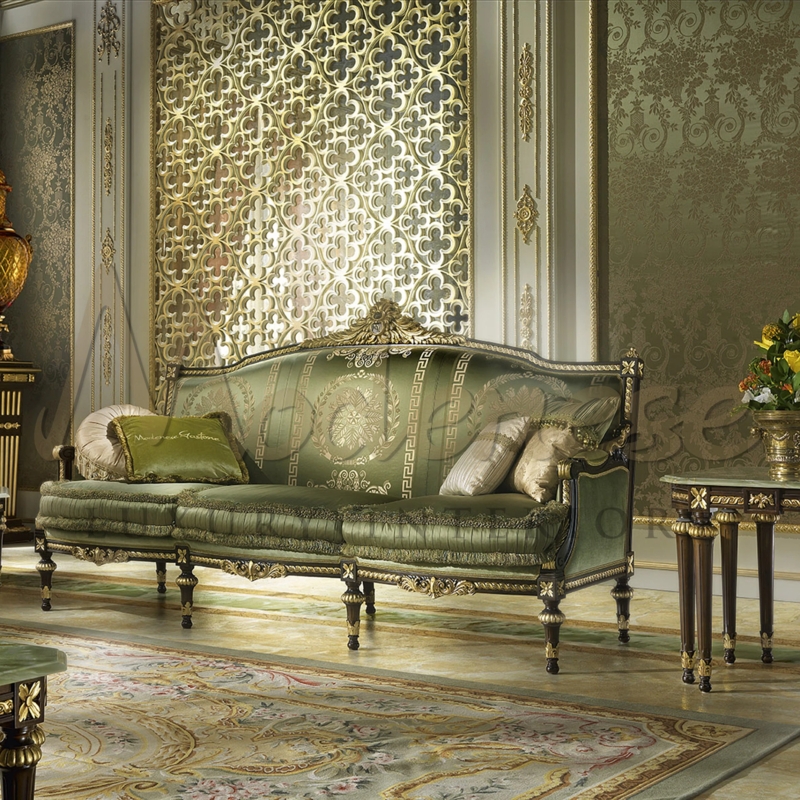 Sofa Emerald Green Gilded Carved Frame Damask Upholstery Victorian style