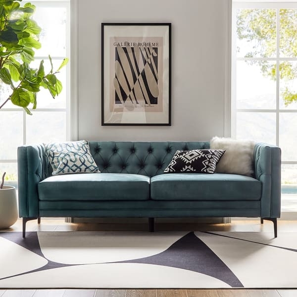 Sofa Emerald Green Upholstery Button Tufted Back Square Arms