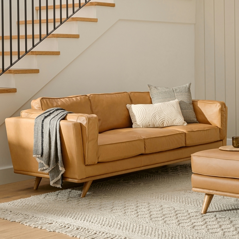 Sofa Exposed Wood Frame Tan Leather Bench Seat Bolster Pillows