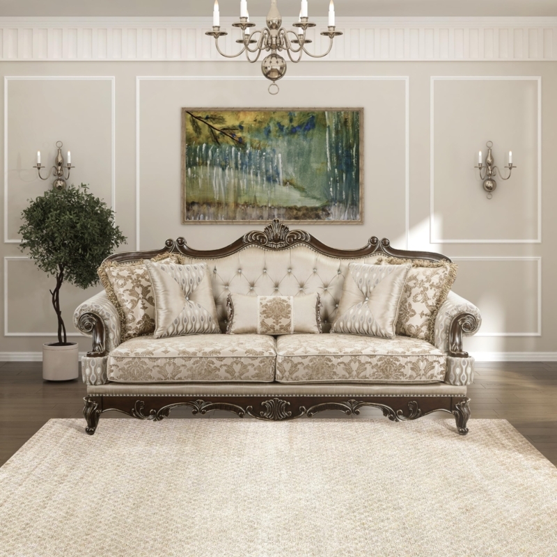Sofa Featuring Cherry Finish Legs with Gold Tipping Details (62 chars)