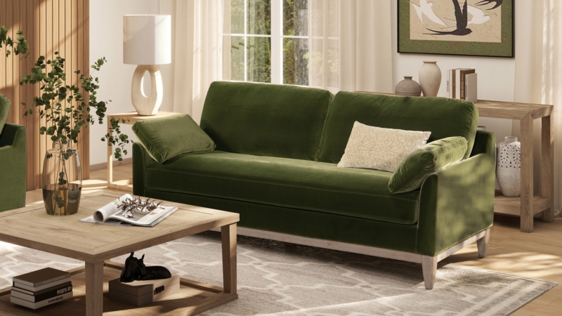 Sofa featuring Exposed Wood Base and Woven Fabric Box Cushions