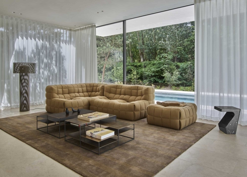 Sofa featuring Grid-Pattern Quilting, Reddish Brown Low-Profile
