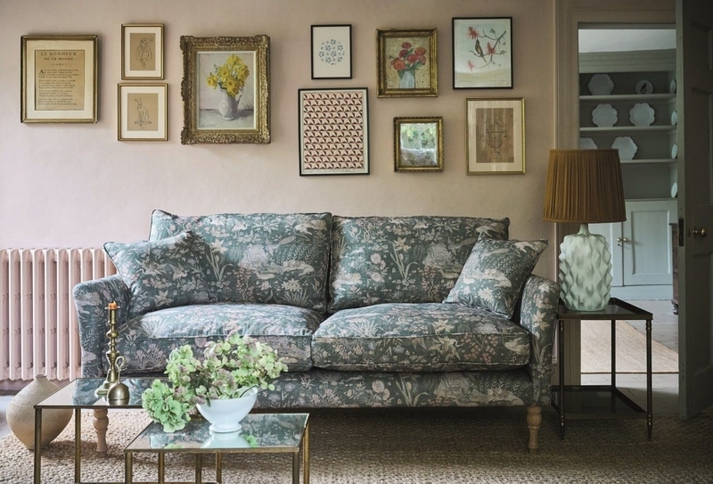 Sofa Featuring Illustrative Landscape Print and Turned Legs