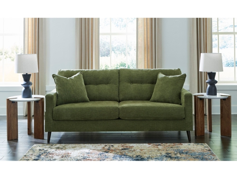 Sofa featuring Nailhead Trim, Rolled Arms, and Turned Bun Feet