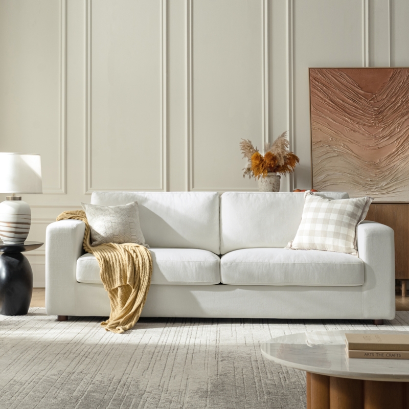 Sofa featuring Slipcovered Base, Square Arms, and Chenille Texture