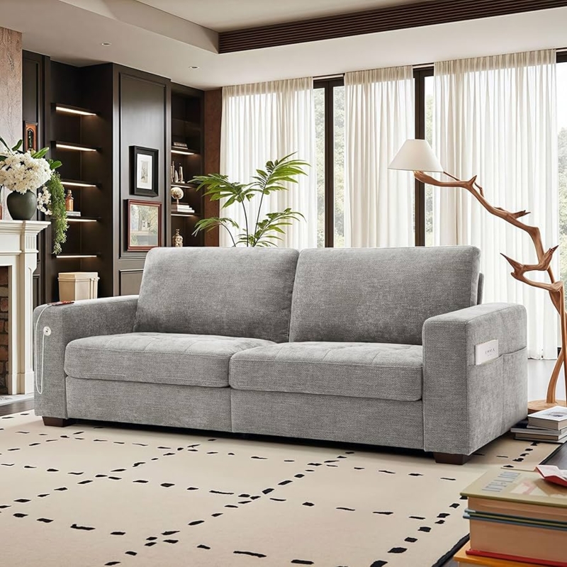 Sofa featuring Wide Block Armrests, Gray Chenille Textured Fabric
