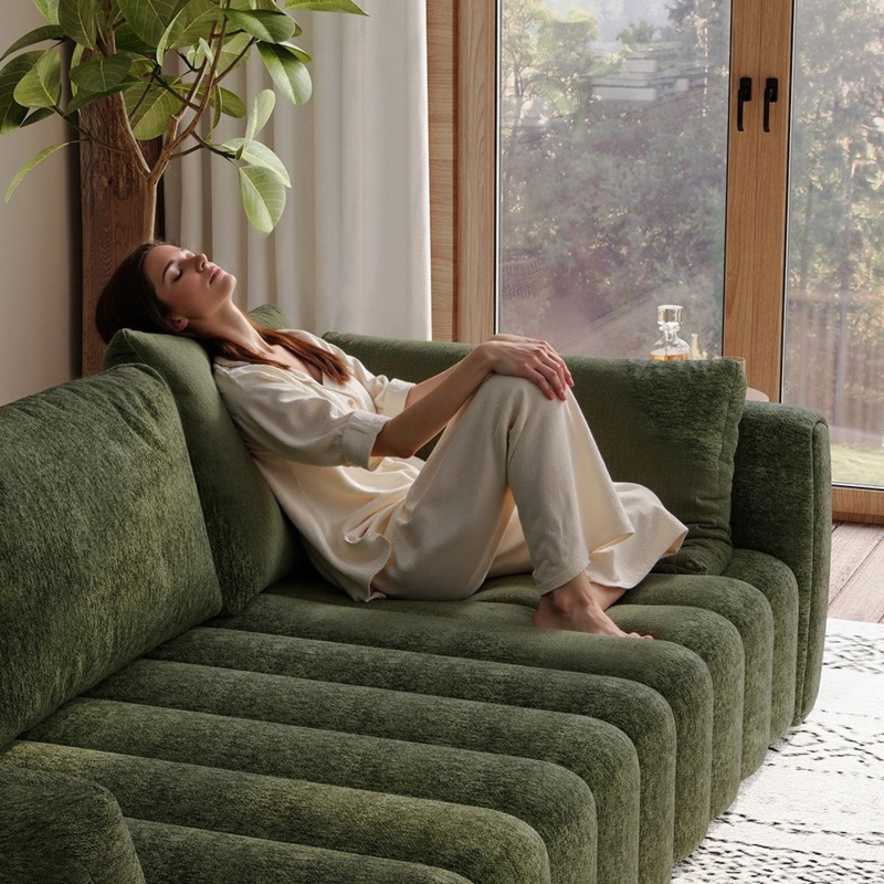 Sofa Forest Green Chenille All Over Button Tufting Bolster Pillows Retro
