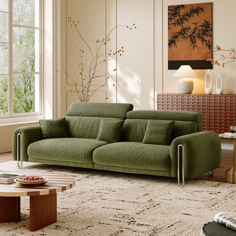 Sofa Forest Green Chenille Deep Seated Adjustable Headrest Low Profile