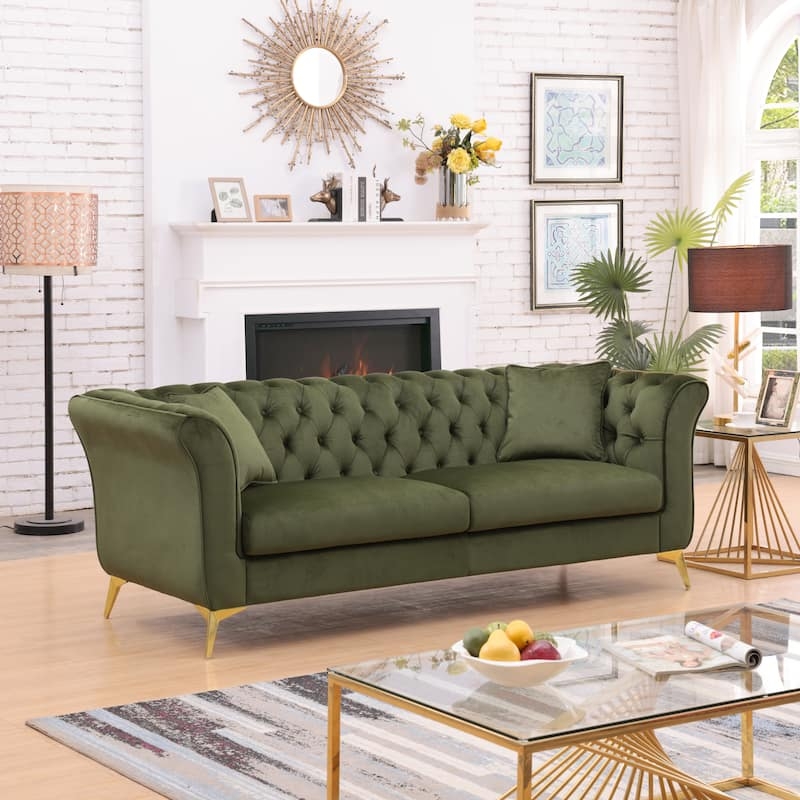 Sofa Forest Green Velvet Chesterfield Button Tufting Scroll Arms