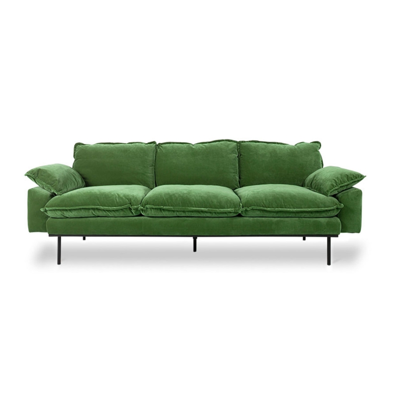 Sofa Forest Green Velvet Slim Black Tapered Legs Retro Boxy Silhouette