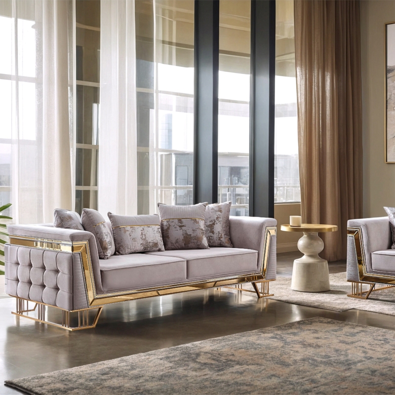 Sofa Gold Base Trim Inner Arm Tufting Cream Velvet Couch With Gold Trim