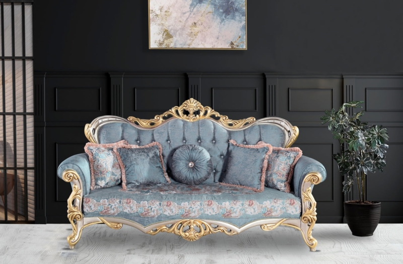 Sofa Gold Scrollwork Button Tufted Back Traditional Glam Beige
