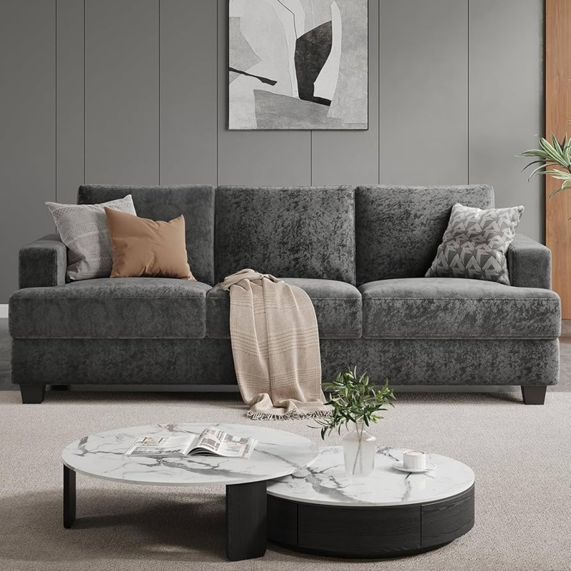 Sofa Gray Chenille Texture Three-Seater Deep Seats Square Arms
