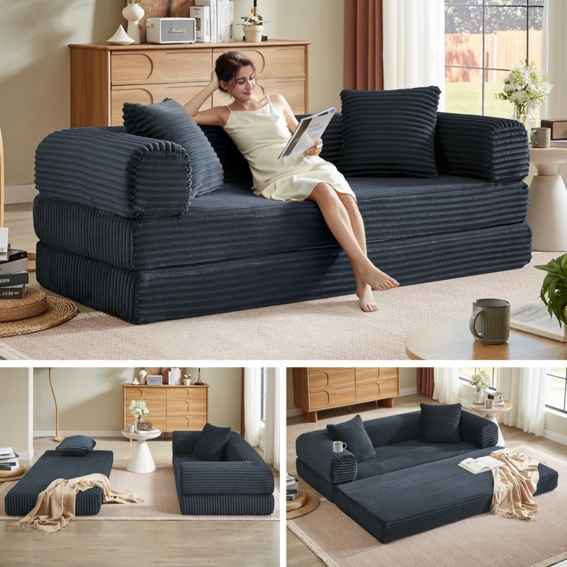 Sofa Gray Corduroy Low Profile Deep Seating Armless Japandi
