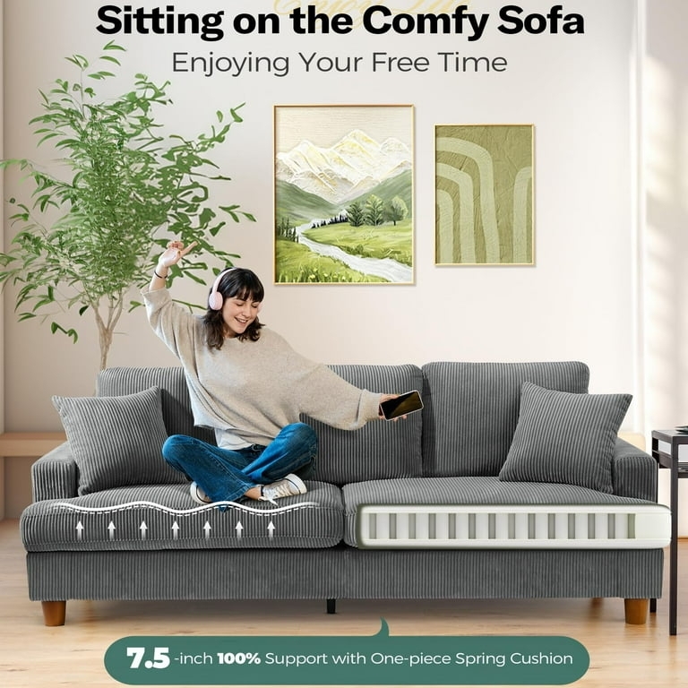 Sofa Gray Corduroy Texture Ribbed Fabric Deep Seating