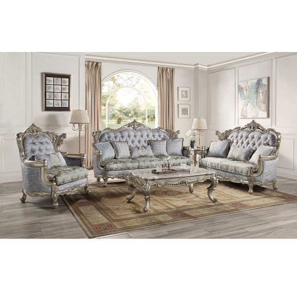Sofa Gray Linen-Like Ornate Bronze Frame Deep Button Tufting Victorian