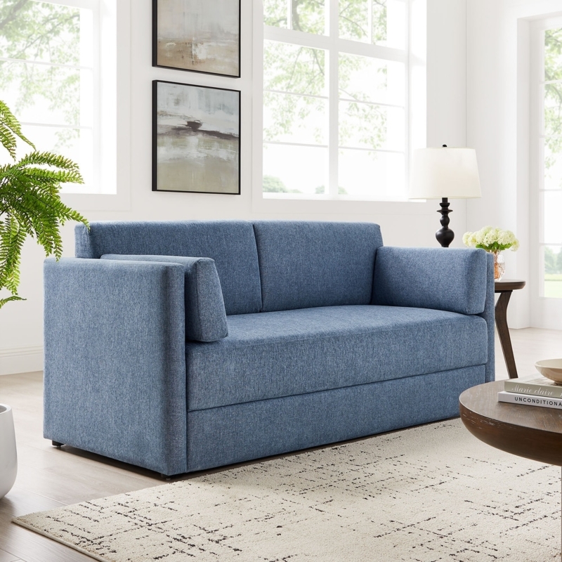 Sofa Heathered Blue Chenille Track Arms Tapered Legs Contemporary