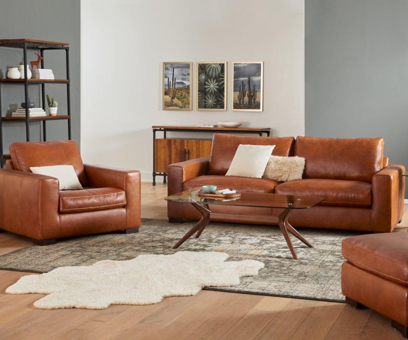 Sofa in Cognac Leather-Like Fabric with Slim Black Metal Legs