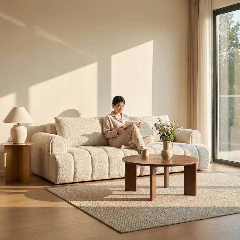 Sofa In Cream Boucle Fabric With Deep Bubble Tufting Details.