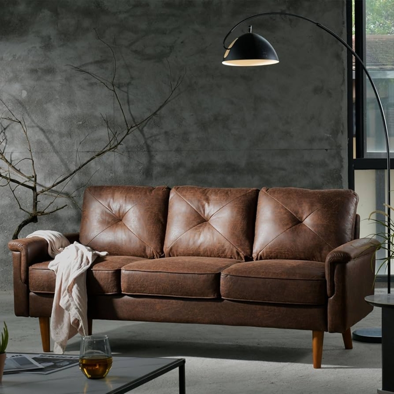 Sofa in Dark Brown Faux Leather, Button Tufted Back, Tapered Legs