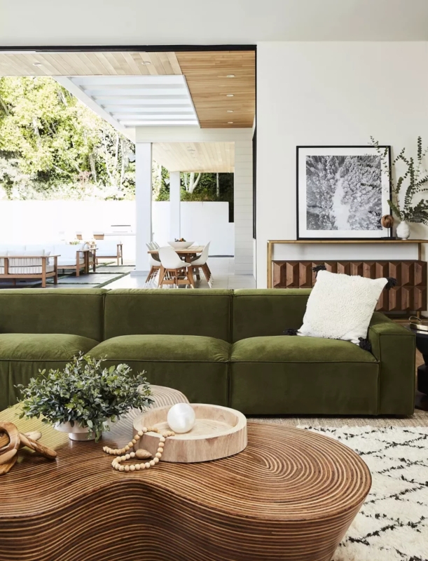 Sofa in Dark Green Velvet-like Fabric with Structured Arms and Bolsters