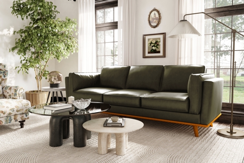 Sofa in Forest Green Leather with Wooden Platform Base and Wide Seats