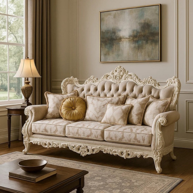 Sofa in French Provincial Style with Antique White Finish (61 chars)