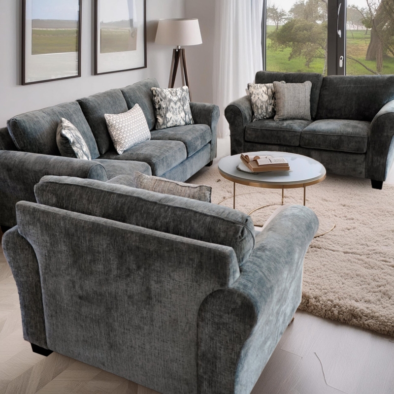 Sofa in Grey Woven Fabric, Tapered Wood Legs and Flared Arms