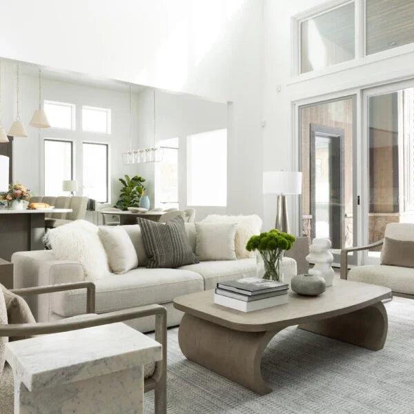 Sofa in Ivory Textured Fabric with Block Arms and Bench-Style Seat