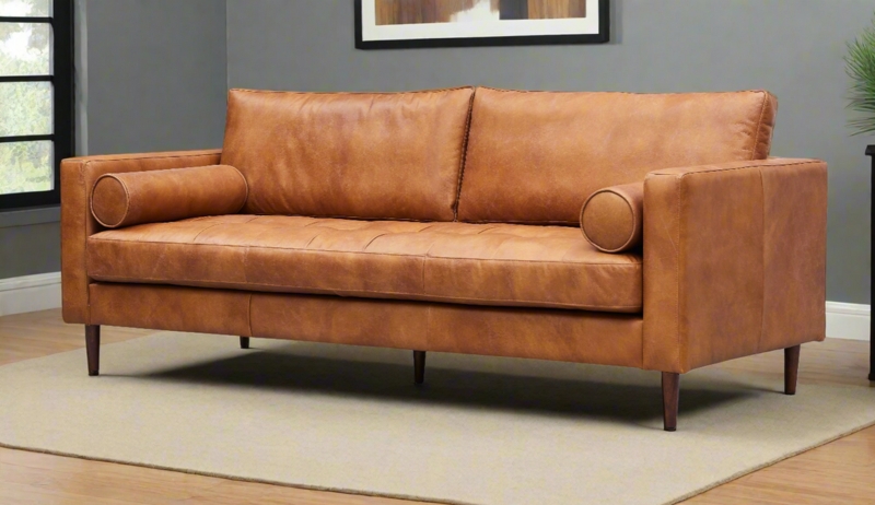 Sofa in Light Brown with Tapered Legs Mid Century Modern Style