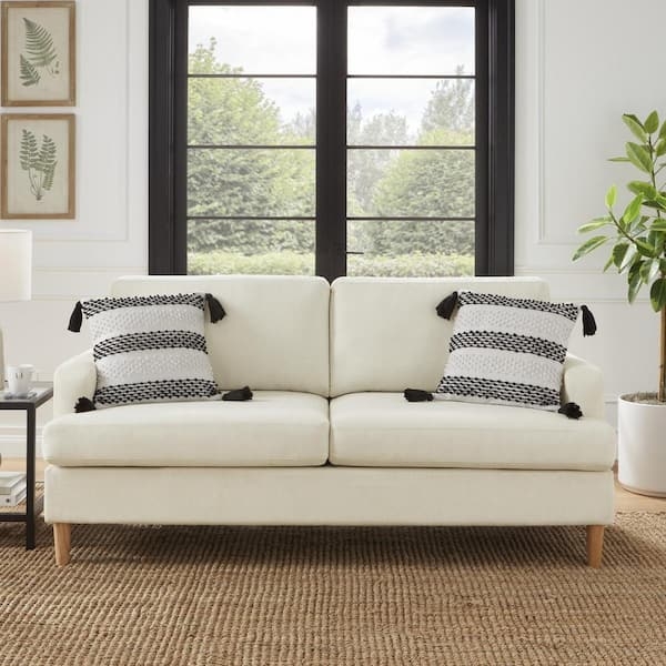 Sofa in Oyster Beige Fabric with Square Arms and Tapered Legs