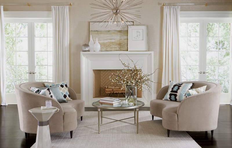 Sofa in Symmetrical Living Room Layout with Navy Velvet Contrast