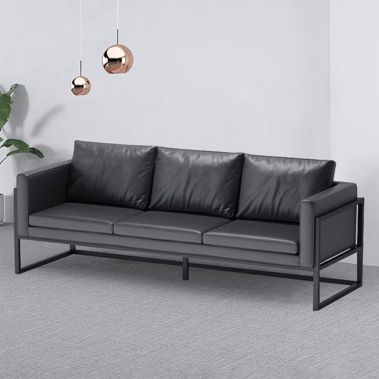 Sofa Industrial Black Leather Exterior Metal Frame Slat Backdrop