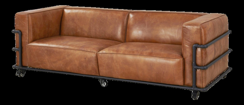 Sofa Industrial Modern Brown Leather Slim Black Legs Track Arms
