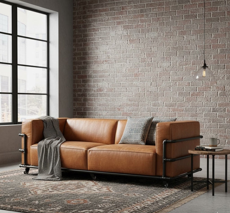 Sofa Industrial Modern Cognac Leather Block Arms Metal Sled Base